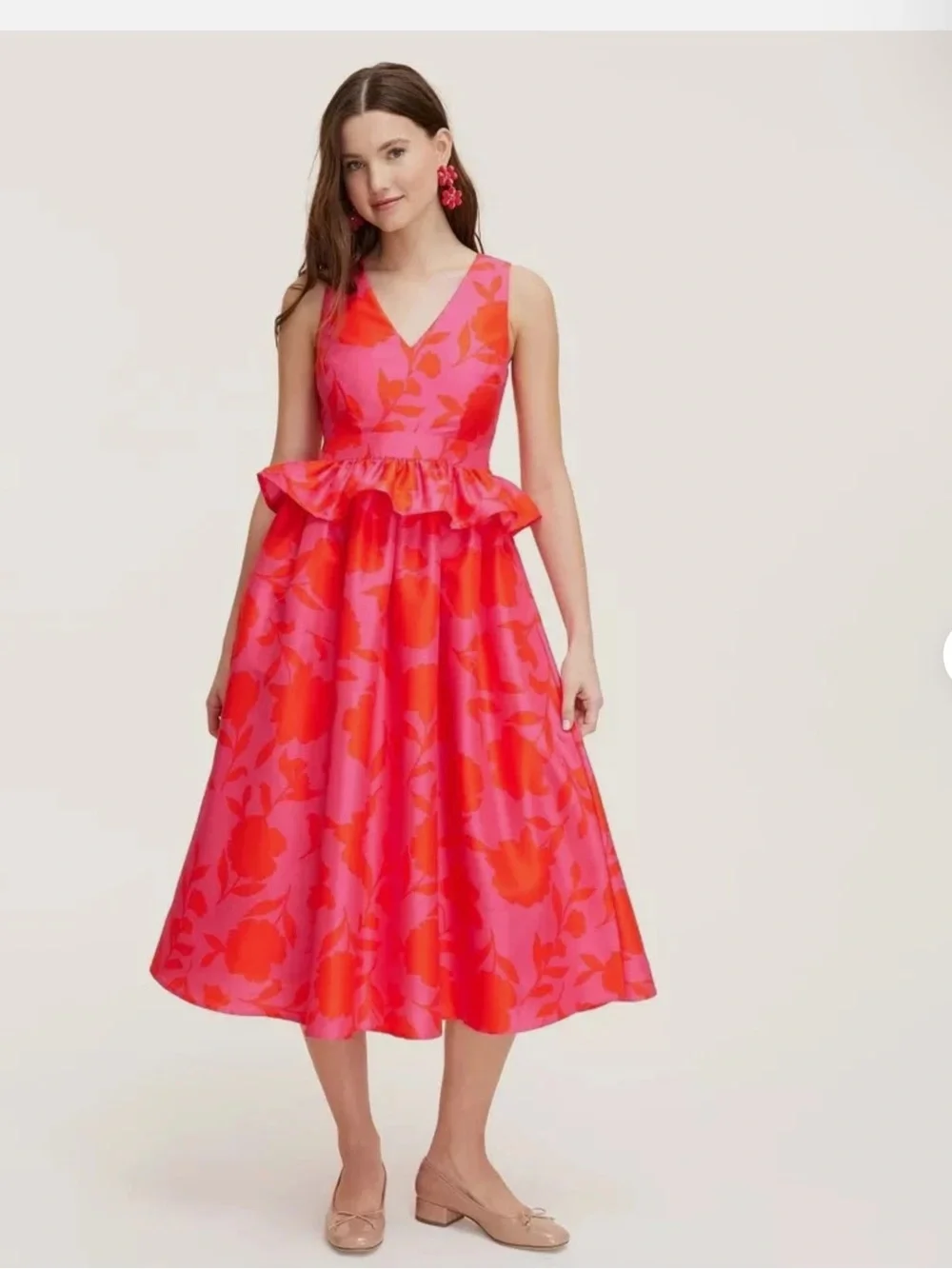 kate spade Pink and Red Floral V-Neck Peplum Midi Dress